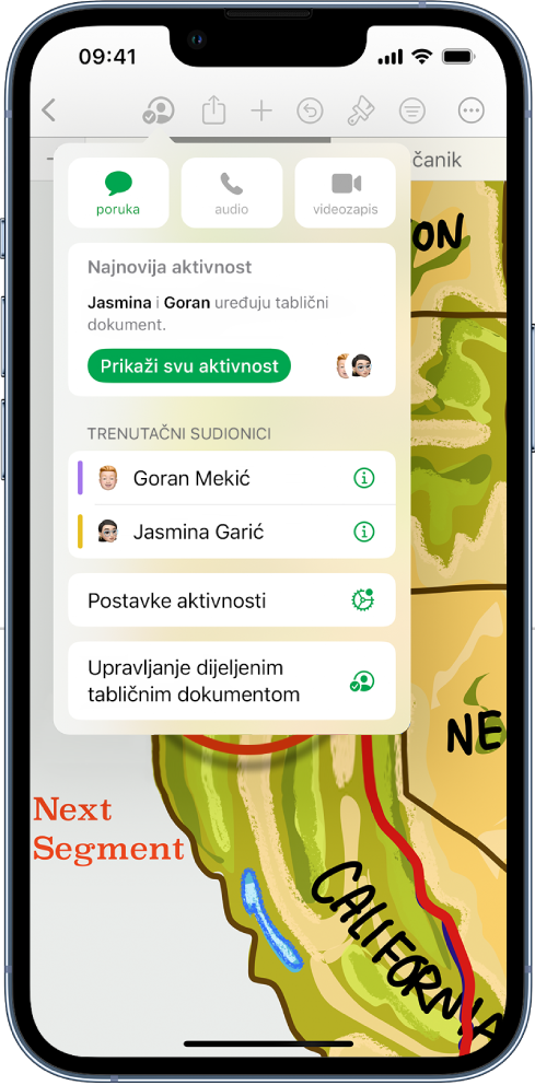Izbornik suradnje prikazuje imena ljudi koji surađuju na tabličnom dokumentu.