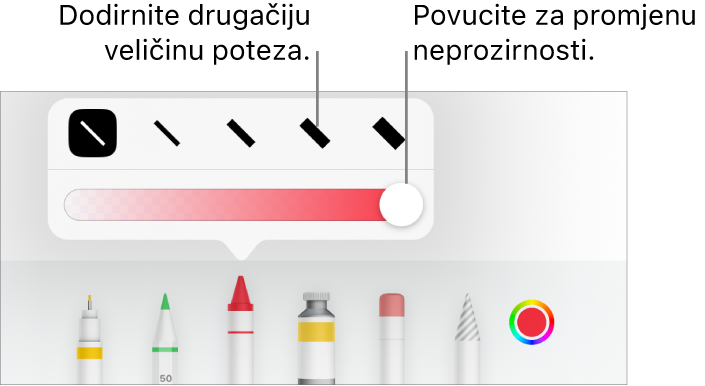 Kontrole za odabir veličine poteza i kliznik za prilagodbu neprozirnosti.