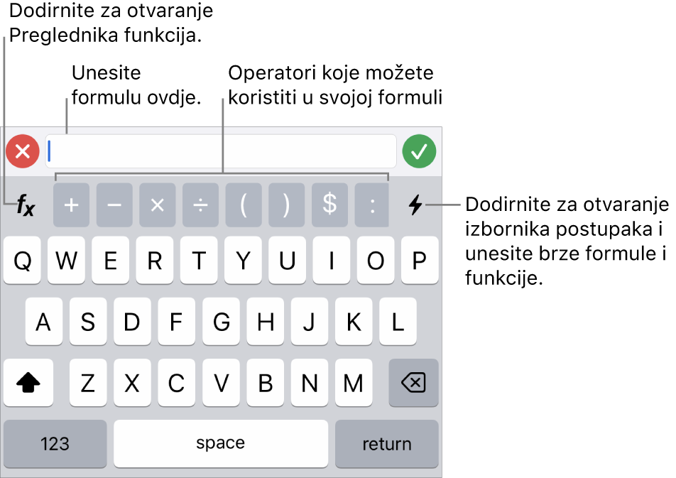 Tipkovnica za formule s Urednikom formula na vrhu i operatorima koji se upotrebljavaju u formulama ispod njega. Tipka Funkcije za otvaranje Preglednika funkcija nalazi se lijevo od operatora, a tipka izbornika Postupak nalazi se s desne strane.