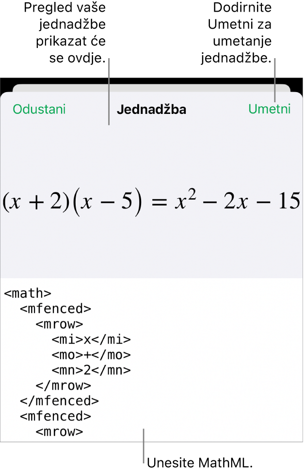 Dijaloški okvir Jednadžba koji prikazuje jednadžbu napisanu korištenjem MathML naredbi i prikaz gornje formule.