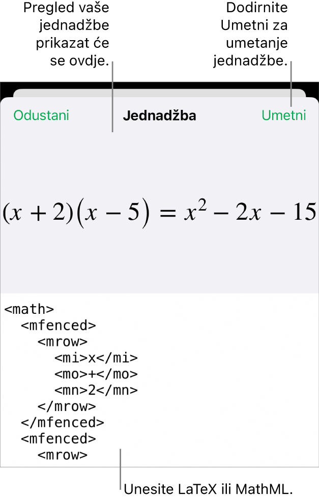 Dijaloški okvir Jednadžba koji prikazuje jednadžbu napisanu korištenjem MathML naredbi i prikaz gornje formule.