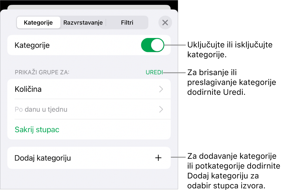 Izbornik Kategorije za iPhone s opcijama za isključivanje kategorija, brisanje kategorija, regrupiranje podataka, skrivanje izvorišnog stupca i dodavanje kategorija.