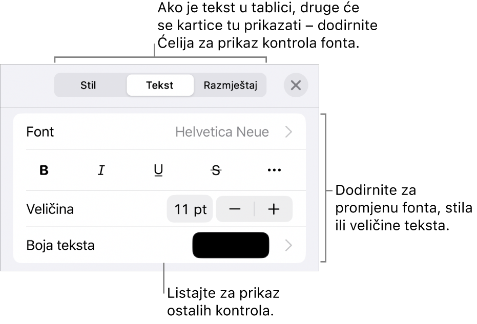 Kontrole teksta u izborniku Format za postavljanje paragrafa i stilova paragrafa, fonta, veličine i boje.