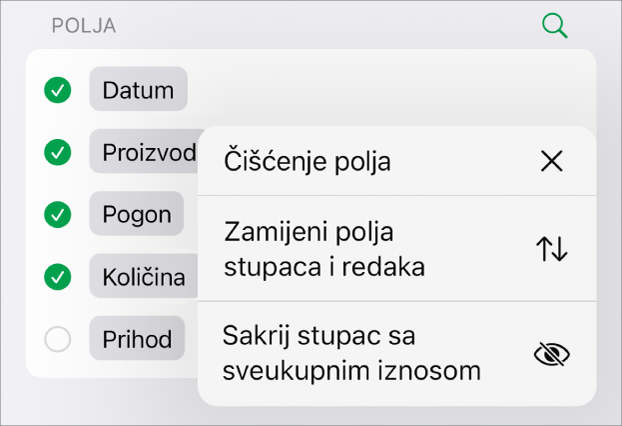 Izbornik Više opcija polja prikazuje naredbe za skrivanje sveukupnih vrijednosti, zamjenu polja stupaca i redaka i čišćenje polja.