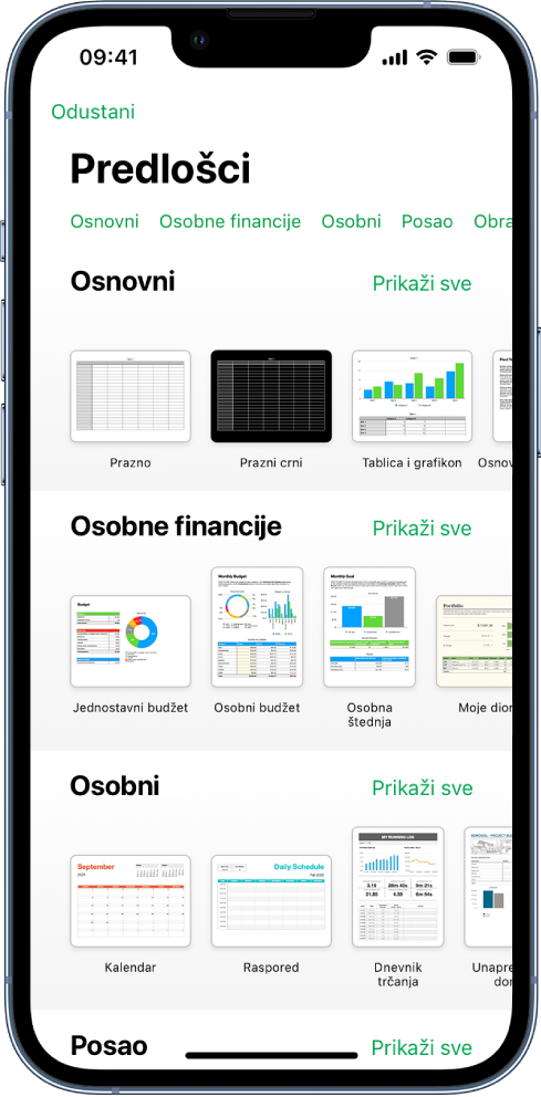 Izbornik predložaka s prikazom retka kategorija preko vrha na koje možete dodirnuti za filtriranje opcija. Ispod su minijature postojećih predložaka organizirane u recima prema kategoriji počevši s kategorijom Nedavne stavke pri vrhu, a zatim slijede kategorije Osnovno i Osobne financije. Tipka Prikaži sve pojavljuje se poviše s desne strane svakog retka kategorije. Tipka za jezik i regiju nalazi se u gornjem desnom kutu.