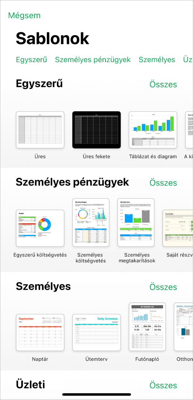 A sablonválasztó, a kategóriák sorával a felső részén, ahonnan a szűrési feltételek választhatók ki. Alatta a kategóriák alapján sorokba rendezett előre elkészített sablonok bélyegképei láthatók. Elsőként az Egyszerű kategória látható felül, melyet a Személyes pénzügyek, a Személyes és az Üzleti kategória követ. Minden egyes sor jobb oldalán egy Összes megtekintése gomb látható. A Mégsem gomb a bal felső sarokban látható.