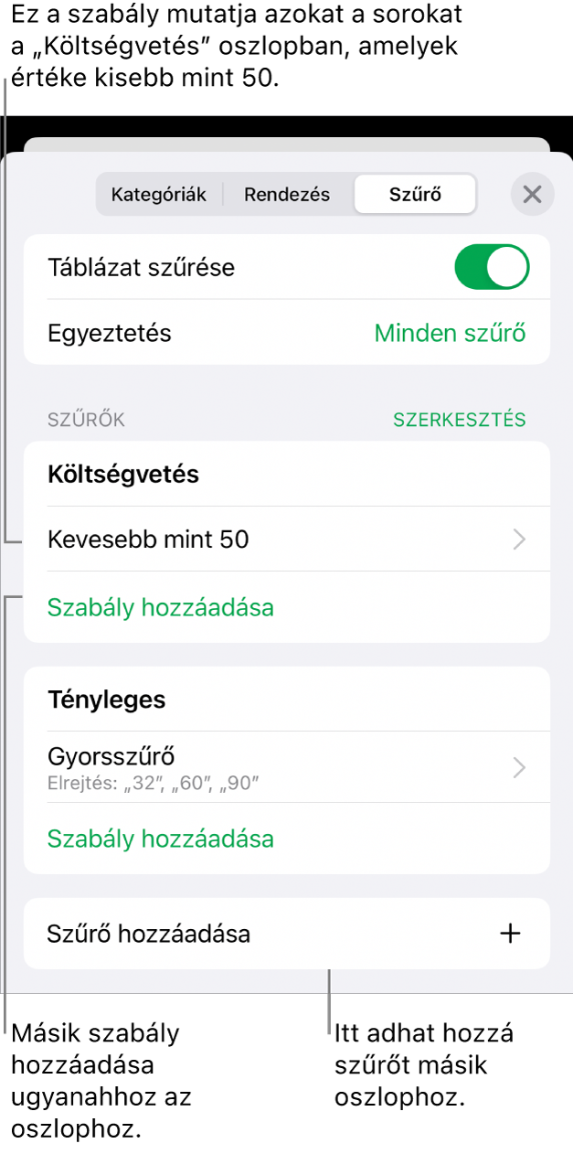 Vezérlők új szűrési szabályok hozzáadásához vagy a meglévők szerkesztéséhez.