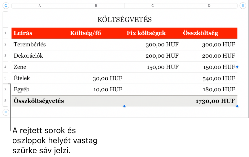 Rejtett sorok és oszlopok helyét jelző vastag szürke sáv