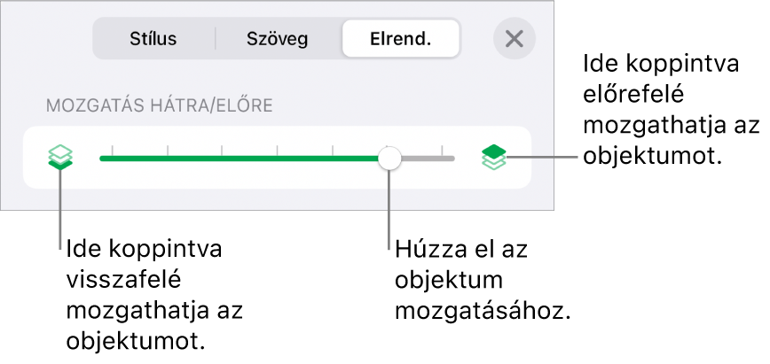 Visszafelé mozgatás gomb, Mozgatás előre gomb és a rétegezés csúszka.