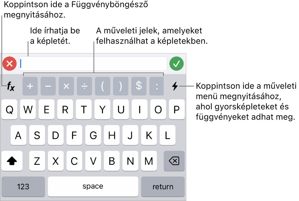 A képletbillentyűzet, amelynek tetején a képletszerkesztő látható, alatta pedig a képletekben használt műveleti jelek. A műveleti jelektől balra található a Függvényböngésző megnyitására szolgáló Függvények gomb, a műveleti jelektől jobbra pedig a Műveletmenü gomb.