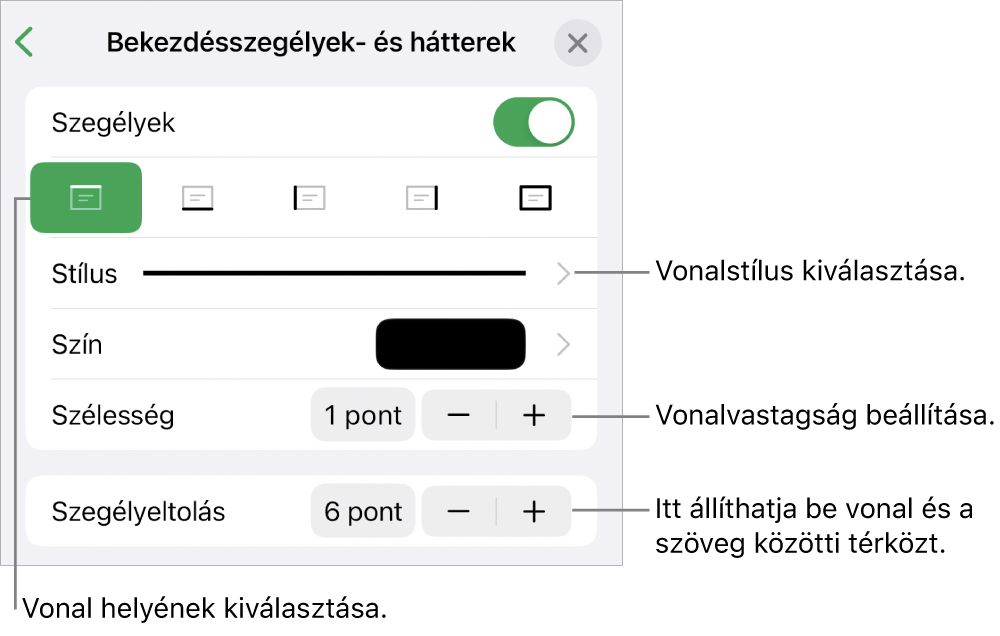 Vezérlők a vonal stílusának, vastagságának, helyének és színének módosításához.