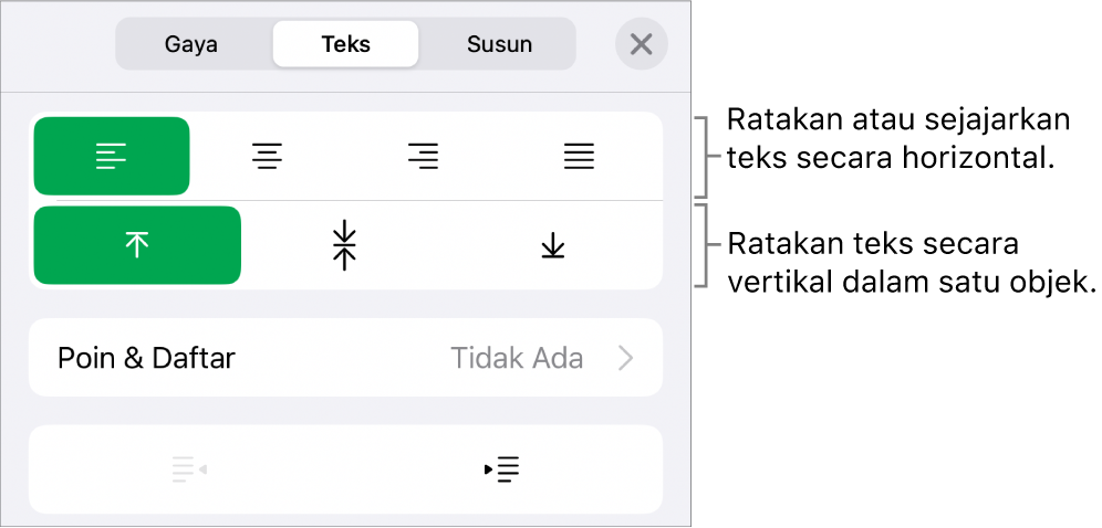 Bagian Tata Letak pada Inspektur format dengan keterangan pada tombol perataan teks dan spasi.