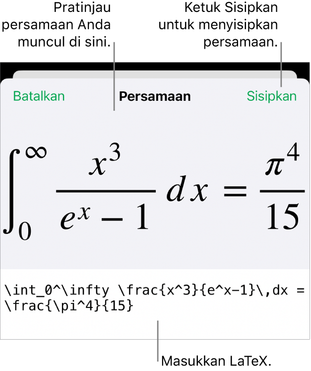 Dialog Persamaan, menampilkan sebuah persamaan ditulis menggunakan perintah LaTex, dan pratinjau formula di atas.