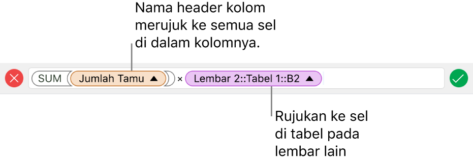 Editor Formula menampilkan formula yang merujuk pada kolom di satu tabel dan sel di tabel lain.