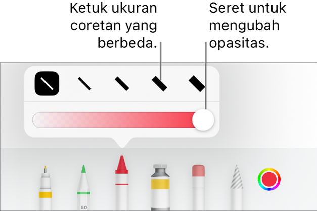 Kontrol untuk memilih ukuran coretan dan penggeser untuk menyesuaikan opasitas.