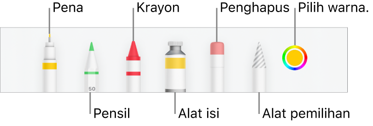 Bar alat gambar di Numbers di iPhone dengan alat pena, pensil, krayon, isi, penghapus, alat pemilihan, dan bidang warna yang menampilkan warna saat ini.