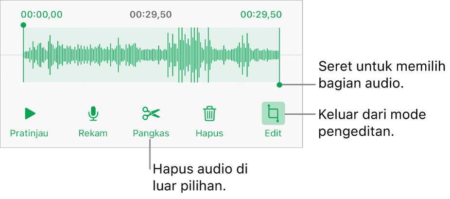Kontrol untuk mengedit audio yang direkam. Pengendali mengindikasikan bagian rekaman yang dipilih, dan tombol Pratinjau, Rekam, Pangkas, Hapus, dan keluar dari Mode Edit berada di bawah.