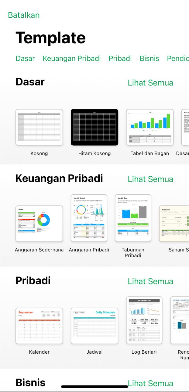 Pemilih template, menampilkan baris kategori di sepanjang bagian atas yang dapat Anda ketuk untuk memfilter pilihan. Di bawah ini adalah gambar mini template yang dirancang sebelumnya yang diatur menurut kategori, dimulai dengan Dasar di bagian atas dan diikuti oleh Keuangan Pribadi, Pribadi, dan Bisnis. Tombol Lihat Semua muncul di atas dan di sebelah kanan setiap baris kategori. Tombol Batalkan berada di pojok kiri atas.