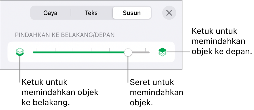 Tombol Pindahkan ke Belakang, tombol Pindahkan ke Depan, dan penggeser lapisan.