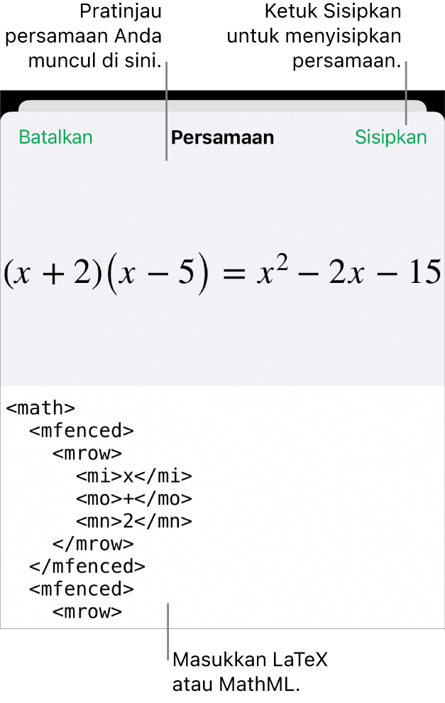 Dialog Persamaan, menampilkan sebuah persamaan ditulis menggunakan perintah MathML, dan pratinjau formula di atas.