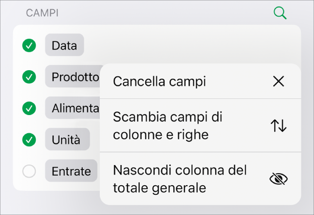 Il menu “Altre opzioni campo” che mostra i controlli per nascondere i totali generali, scambiare i campi di colonne e righe, e cancellare i campi.