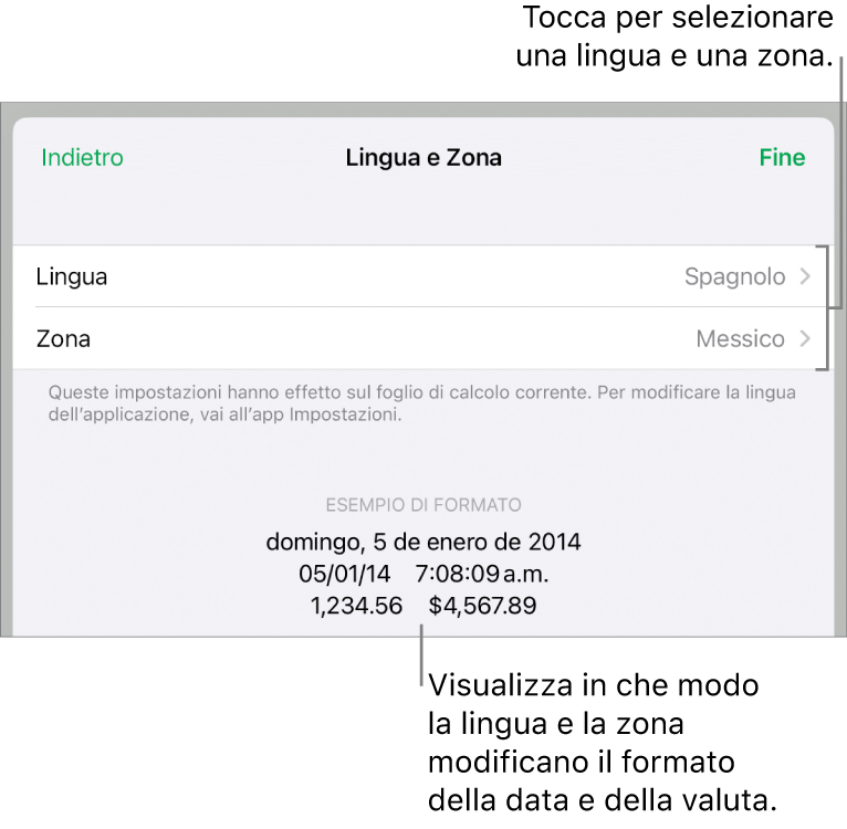 Il pannello Lingua e Zona con i controlli per lingua e zona e un esempio di formato che include data, ora, numeri decimali e valuta.