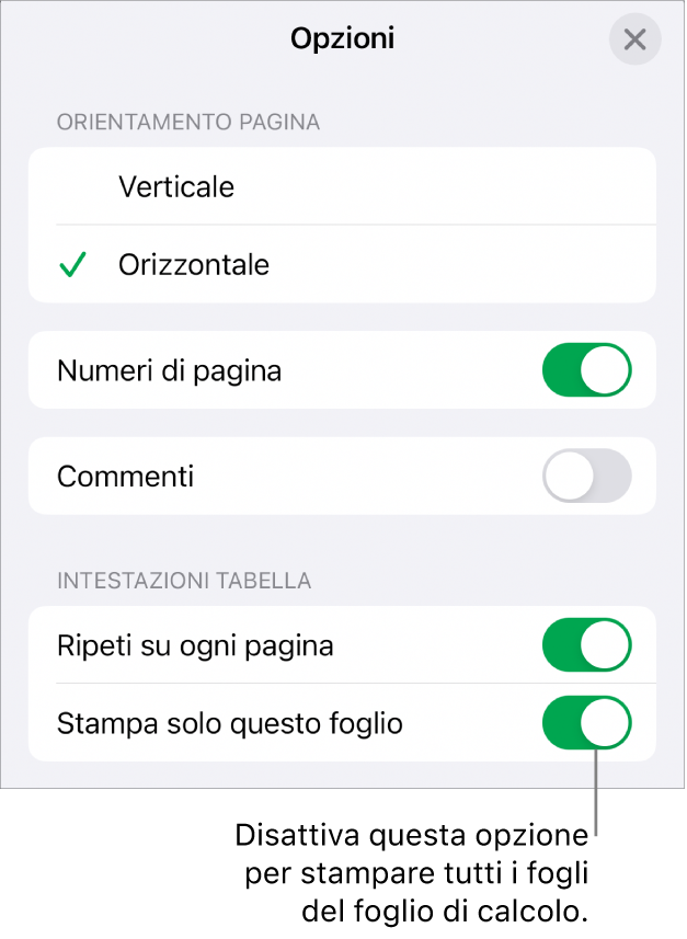 Opzioni di stampa per scegliere l’orientamento della pagina, visualizzare i numeri di pagina e le intestazioni, nonché scegliere le dimensioni della pagina e quali pagine stampare.