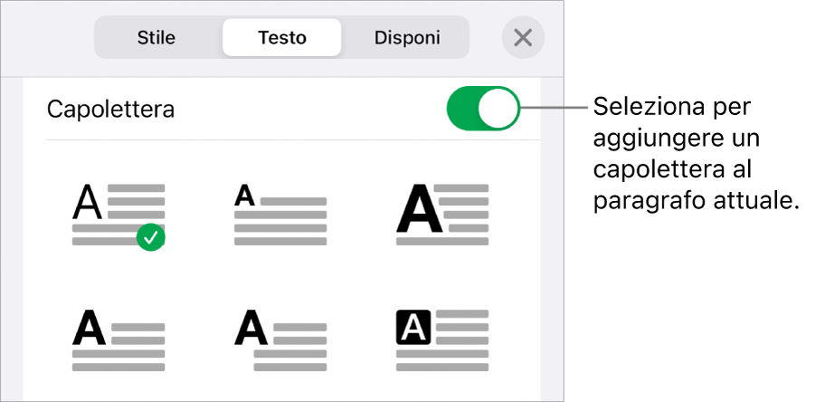 I controlli Capolettera situati nel menu Testo.