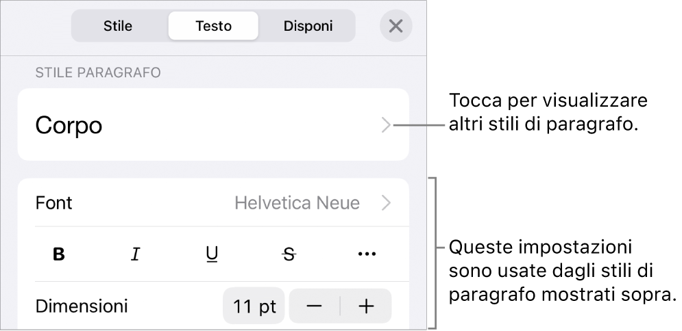 Menu Formato con controlli di testo per impostare stili carattere e paragrafo, font, dimensione e colore.