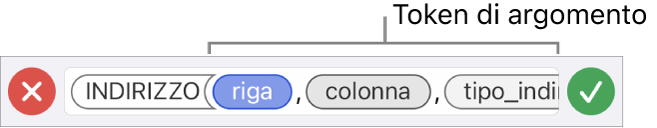 Editor di formule che mostra una funzione con blocchi di argomenti.