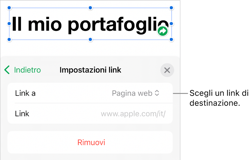 I controlli delle impostazioni dei link con la pagina web selezionata e con il pulsante per rimuovere il link mostrato in basso.