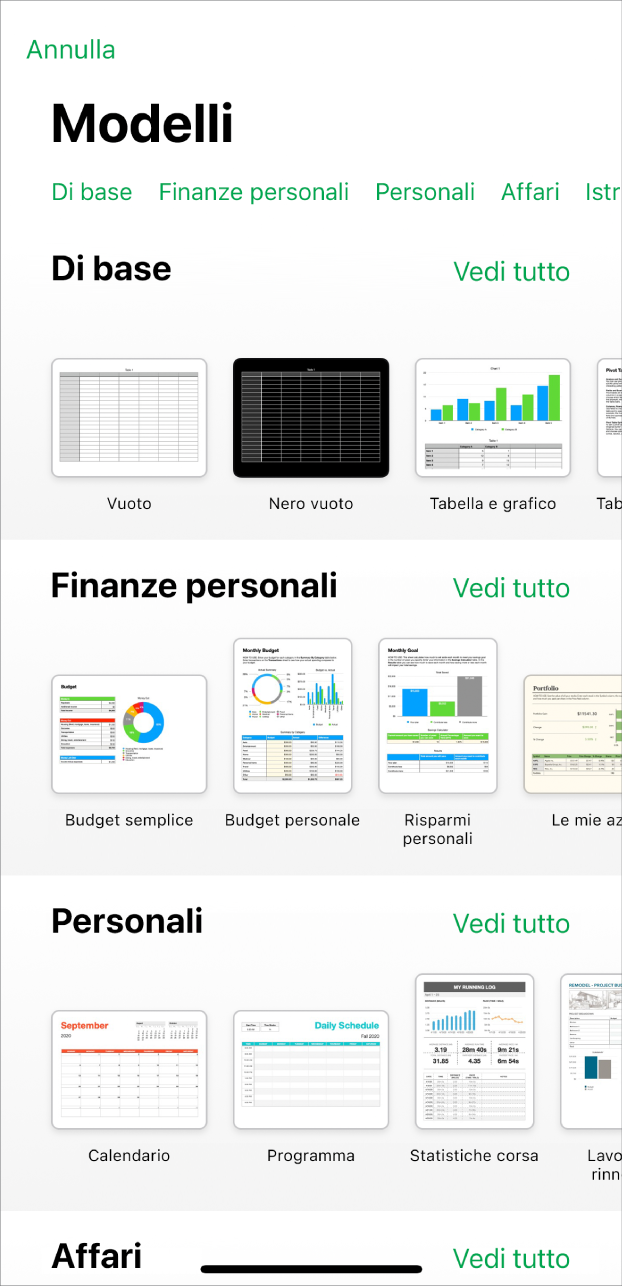 “Scelta modelli”, in cui è visibile una riga di categorie nella parte superiore dello schermo che puoi toccare per filtrare le opzioni. Sotto ci sono delle miniature di modelli con design predefinito disposte in riga per categoria, a partire da “Di base” in alto e seguiti da “Finanze personali”, Personali e Affari. Viene visualizzato un pulsante “Vedi tutto” in alto e a destra di ciascuna riga della categoria. Nell’angolo in alto a sinistra è presente il pulsante Annulla.