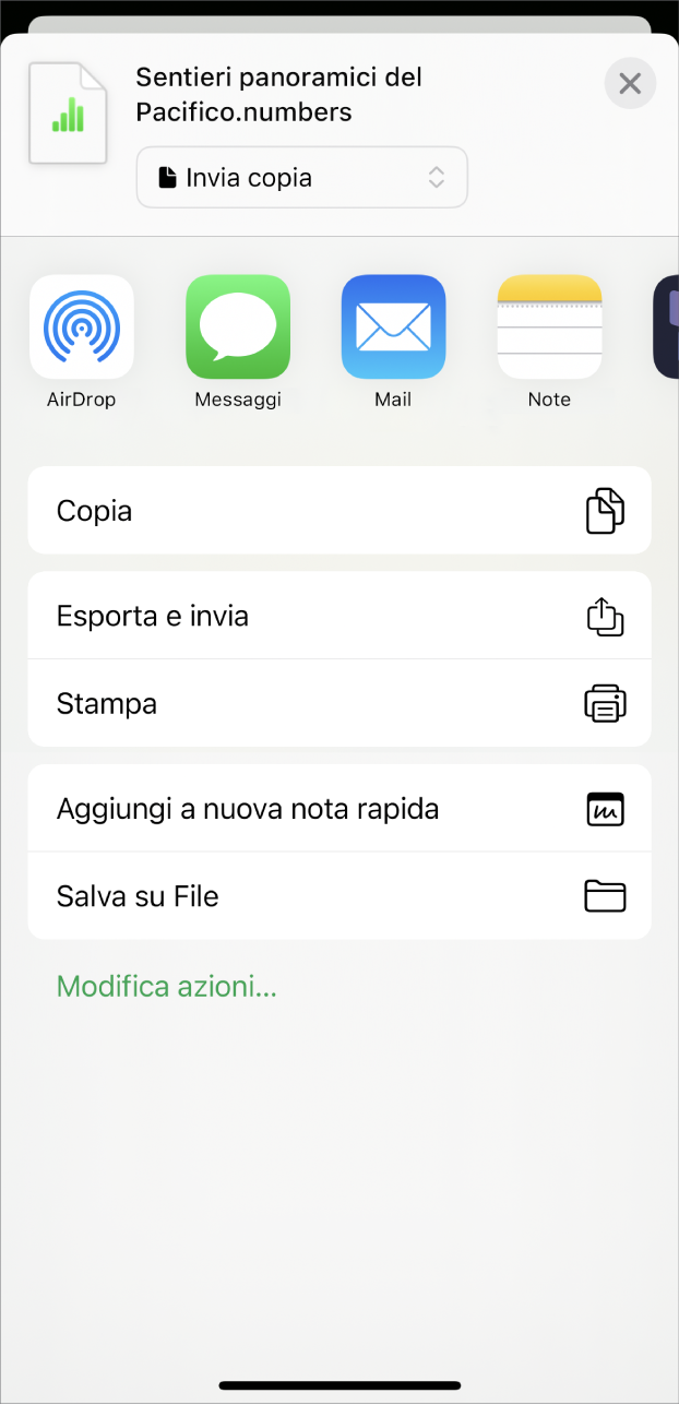 La finestra di Numbers che mostra il menu Condividi, con opzioni per inviare una copia del foglio di calcolo, esportarlo e inviarlo in un altro formato, stamparlo oppure salvarlo nell’app File.