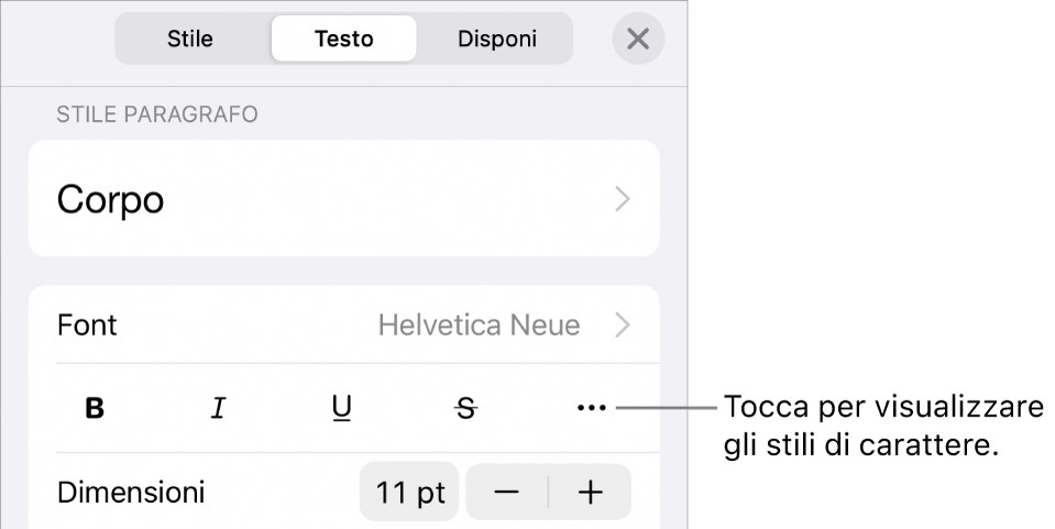 I controlli Formato con gli stili di paragrafo nella parte superiore, quindi i controlli Font. Sotto Font sono presenti i pulsanti Grassetto, Corsivo, Sottolineato, Barrato e “Altre opzioni di testo”.