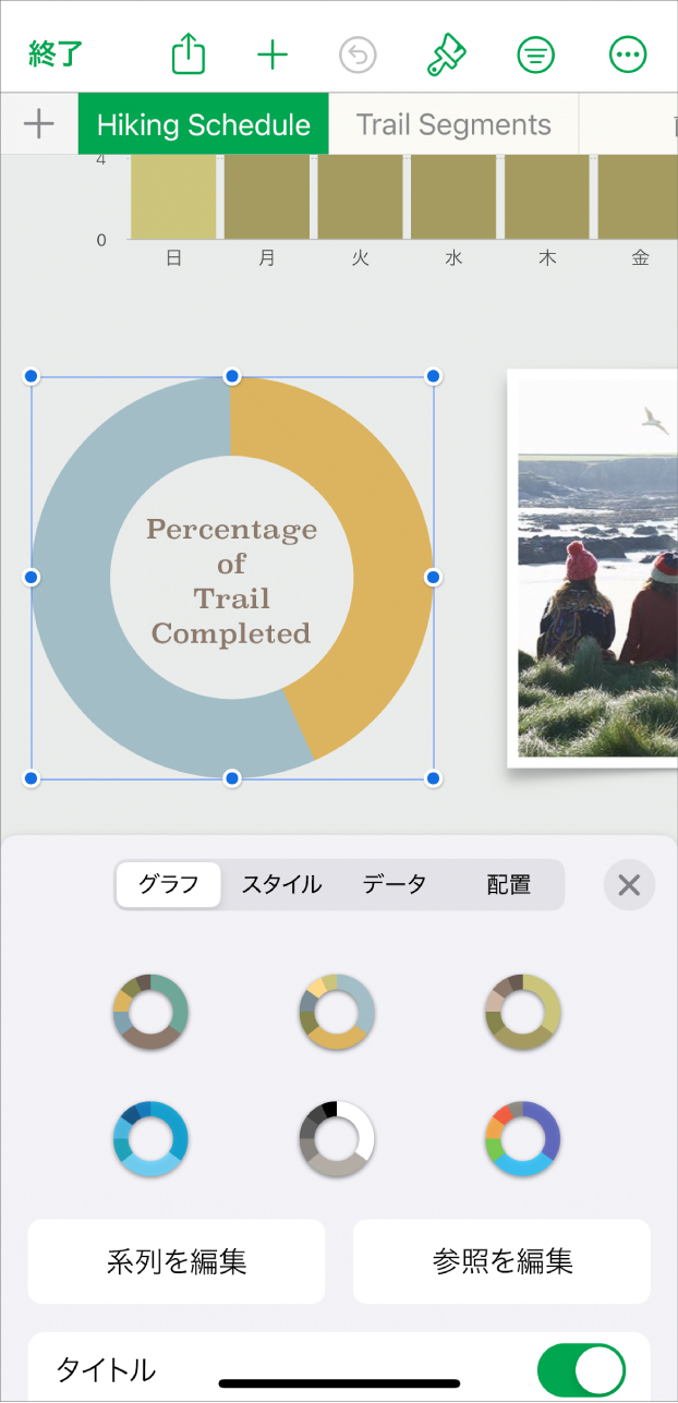 完了したコースのパーセンテージを表している円グラフ。「フォーマット」メニューも開かれていて、選択対象のさまざまなグラフのスタイルが表示されています。また、系列やグラフの参照を編集するオプションと、グラフのタイトルをオンまたはオフにするオプションも表示されています。