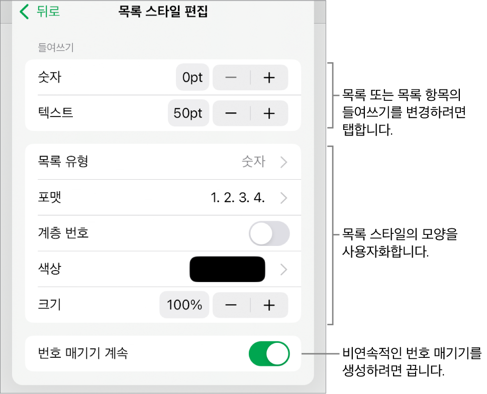 목록 스타일 편집 메뉴에 들여쓰기 간격, 목록 유형 및 포맷, 계층 번호, 목록 색상 및 크기, 연속된 숫자의 제어기가 있음.