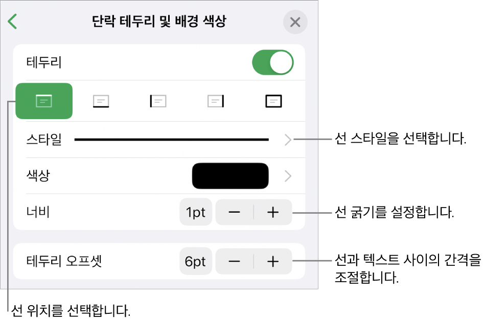 선 스타일, 굵기, 위치 및 색상을 변경하는 제어기.
