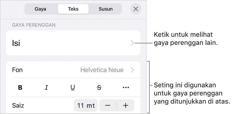 Menu Format menunjukkan kawalan teks untuk mengesetkan perenggan dan gaya, fon, saiz dan warna aksara.