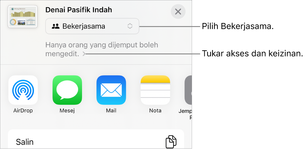 Menu Kongsi dengan Bekerjasama dipilih di bahagian atas dan seting akses serta keizinan di bahagian bawah.
