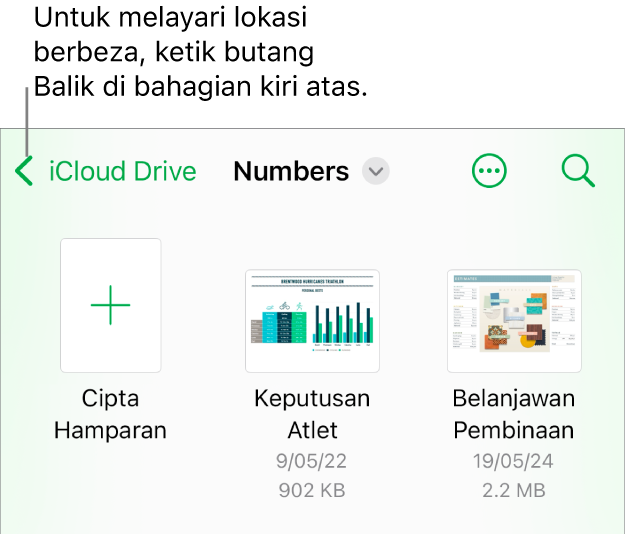 Paparan pelayar pengurus dokumen dengan butang Balik di penjuru kiri atas dan di bawahnya ialah medan Carian. Di bawah medan Carian ialah butang Cipta Hamparan di sebelah imej kecil untuk hamparan sedia ada. Di penjuru kanan atas ialah butang Tambah dan butang Lagi.