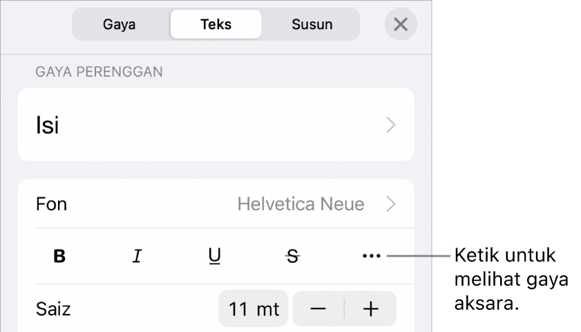 Kawalan Format dengan gaya perenggan di bahagian atas, kemudian kawalan Fon. Di bawah fon ialah butang Tebal, Italik, Garis Bawah, Garis Potong dan Lebih Banyak Pilihan Teks.