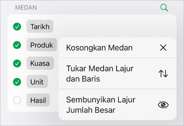 Menu Lagi Pilihan Medan, menunjukkan kawalan untuk menyembunyikan jumlah besar, menukar medan lajur dan baris, serta mengosongkan medan.