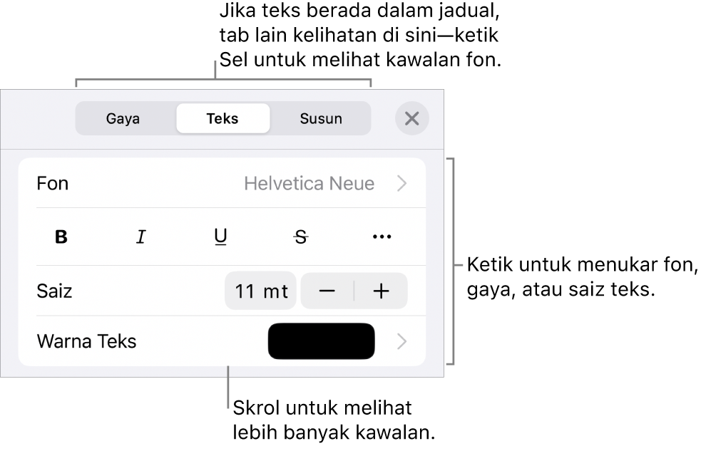 Kawalan teks dalam menu Format untuk mengesetkan perenggan dan gaya, fon, saiz dan warna aksara.