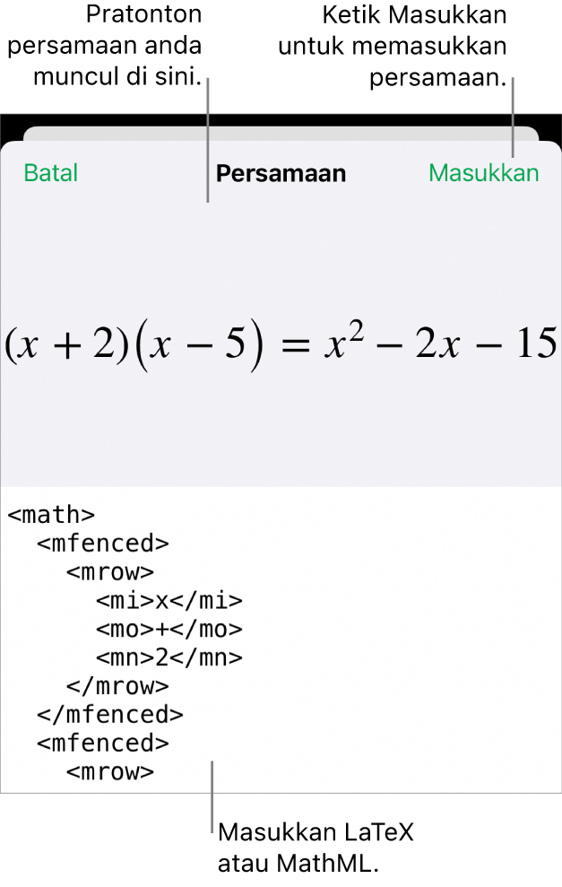 Dialog Persamaan, menunjukkan persamaan yang ditulis menggunakan perintah MathML manakala pratonton formulanya di atas.