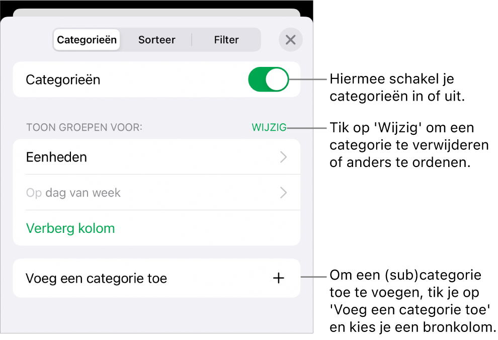 Het menu 'Categorieën' op de iPhone met de volgende opties: categorieën uitschakelen, categorieën verwijderen, gegevens anders groeperen, een bronkolom verbergen en categorieën toevoegen.