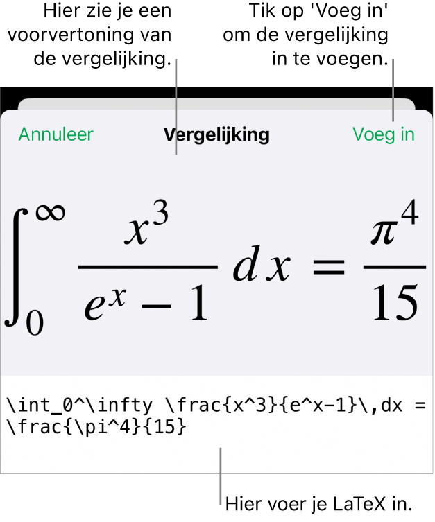 Het venster 'Vergelijking' met daarin een vergelijking die geschreven is met LaTeX-commando's en erboven een voorvertoning van de formule.