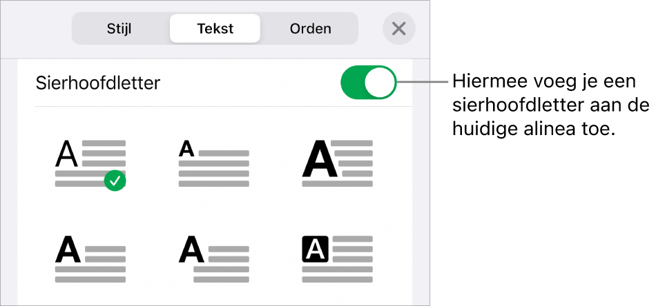 De regelaars voor sierhoofdletters in het menu 'Tekst'.
