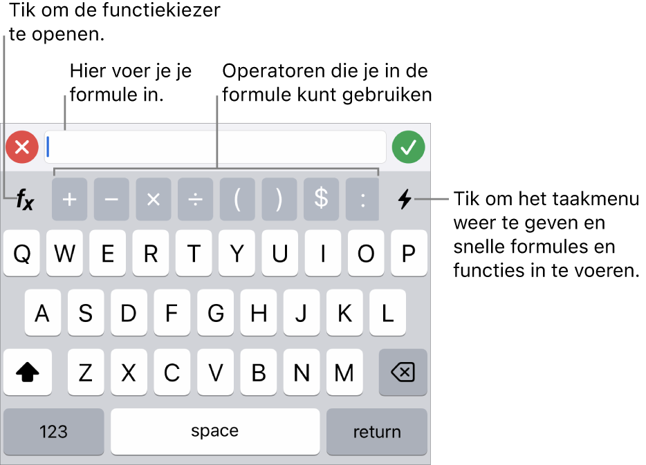 Het formuletoetsenbord, met de formule-editor bovenaan en eronder de operatoren die in formules kunnen worden gebruikt. De knop 'Functies' om de functiekiezer te openen staat links van de operatoren en de taakmenuknop staat rechts.