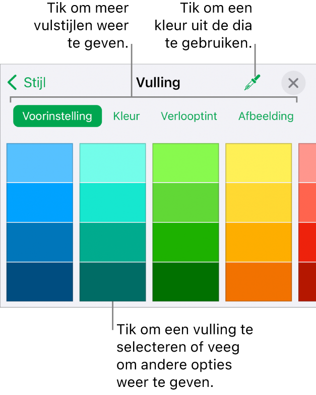 Vulopties in het tabblad 'Stijl' van de opmaakknop.
