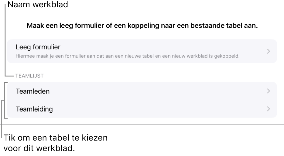 Een lijst met tabellen die in dezelfde spreadsheet staan, met bovenaan de optie om een leeg formulier aan te maken.